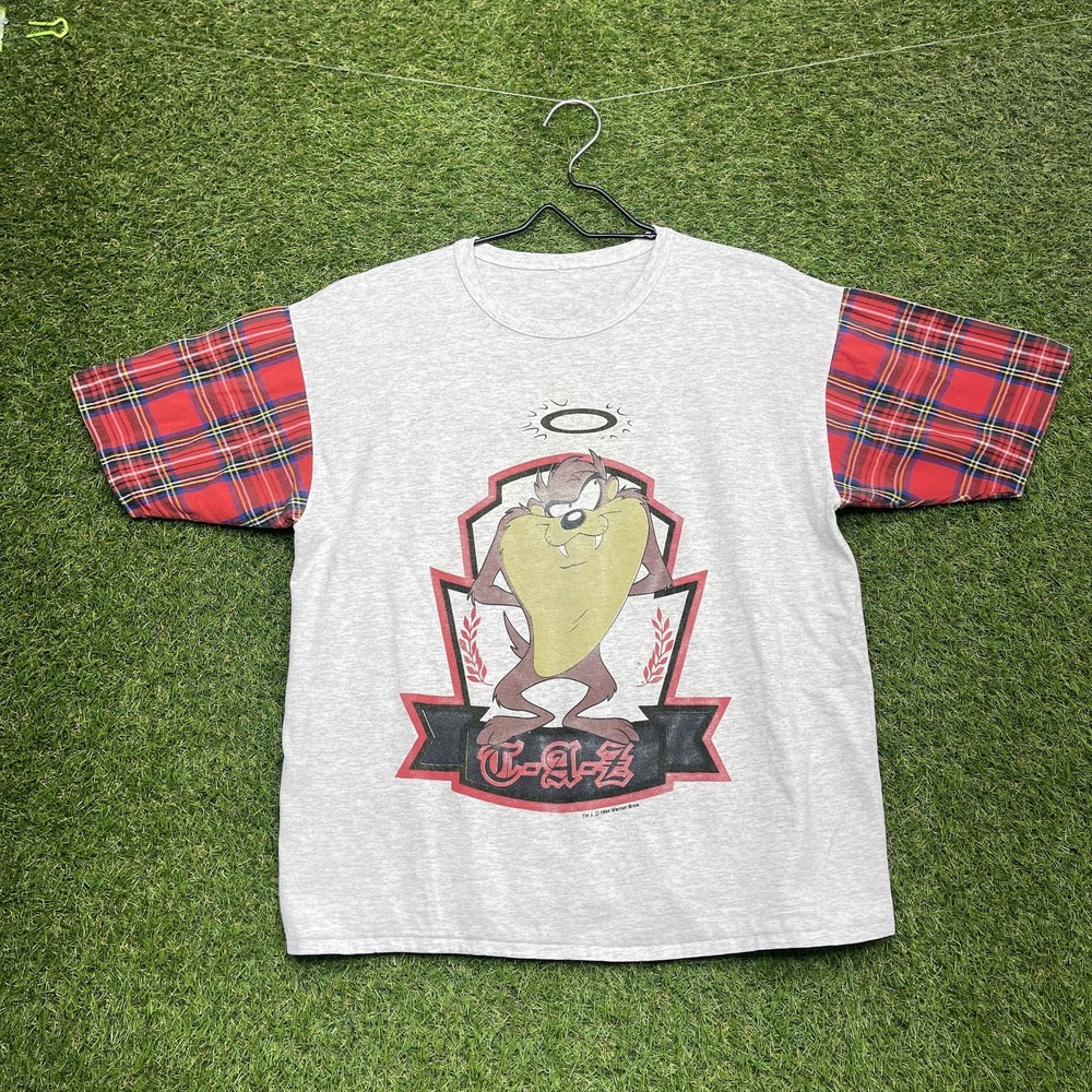 Vintage Taz Looney Tunes Shirt Mens Large Gray Plaid Red Cartoon 90s Warner Bros